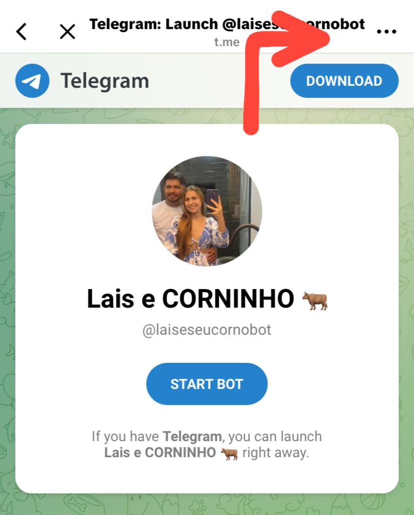 Tela do Telegram com seta indicando o menu de tres pontos